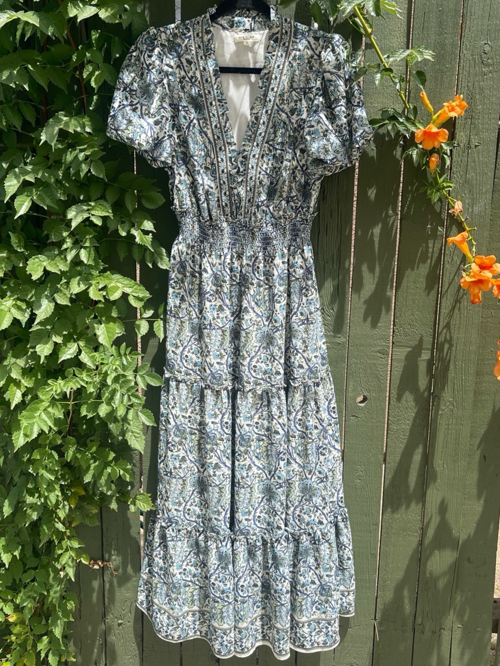 Max Studio Blue & White Floral Smocked V-Neck Maxi Dress